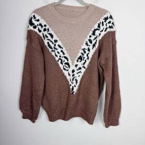 UNBRANDED | Colorblock Brown, Tan, White Leopard Print Sweater Women’s Size M